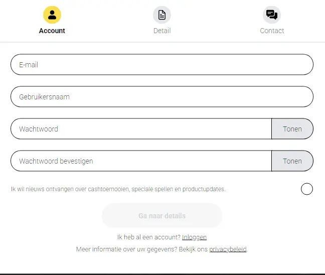 Snel formulier om een spelersaccount aan te maken